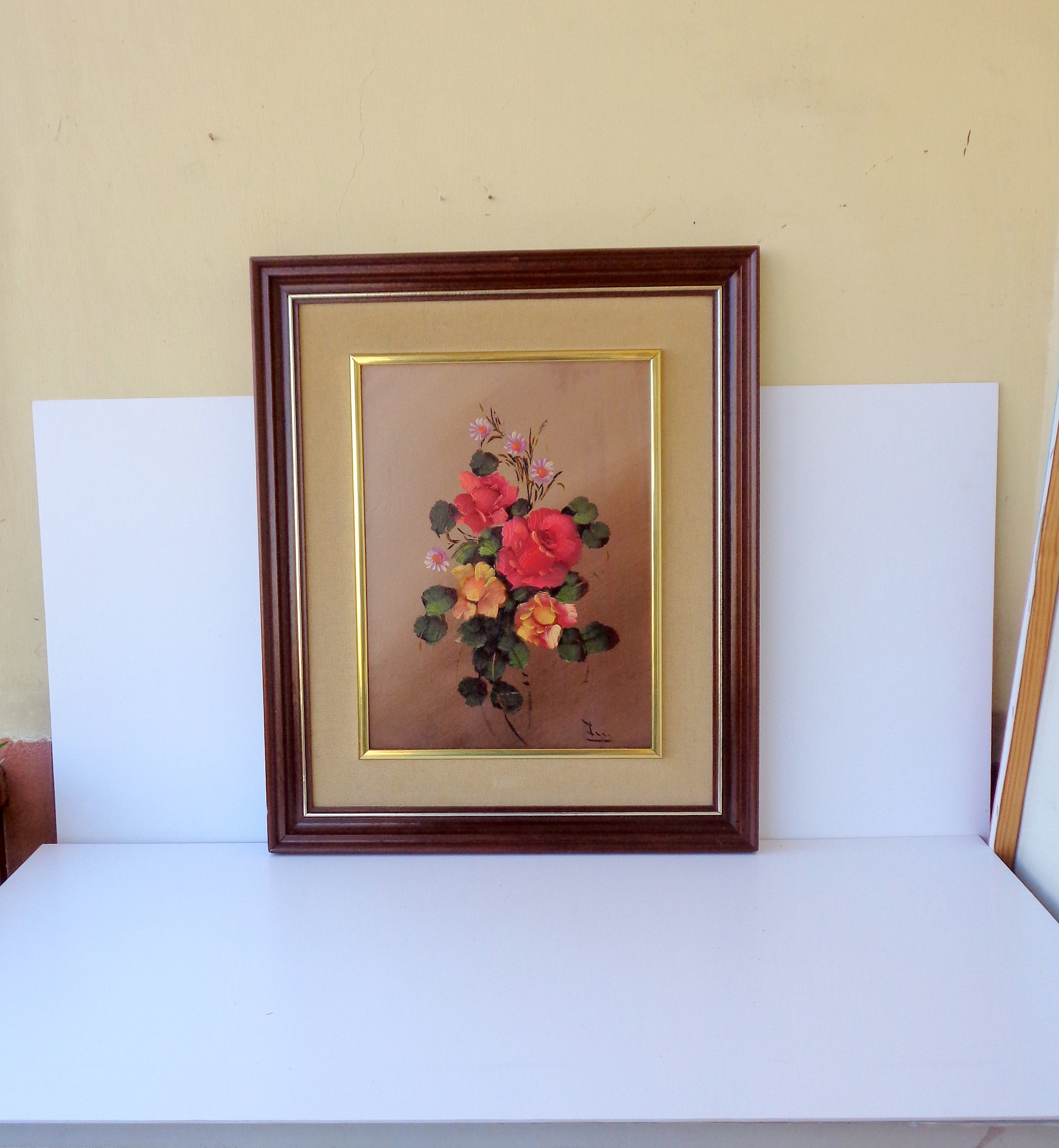 a、様☆専用 花の油絵☆イタリア製額縁付き メルカリ 絵画 絵 額付( 青緑＋金色