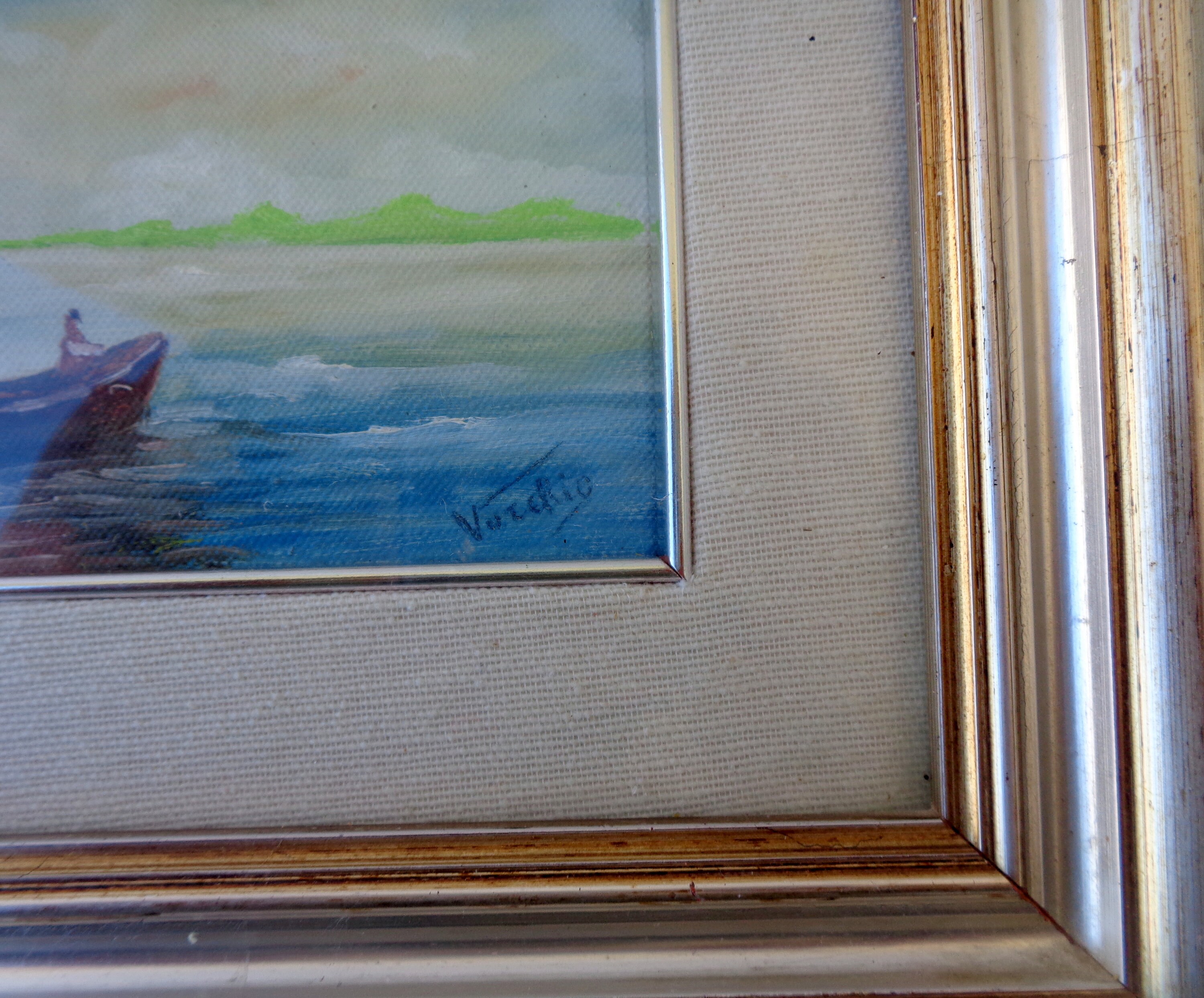 ヴィンテージイタリアのキャンバス油絵、美しい木製フレーム入り