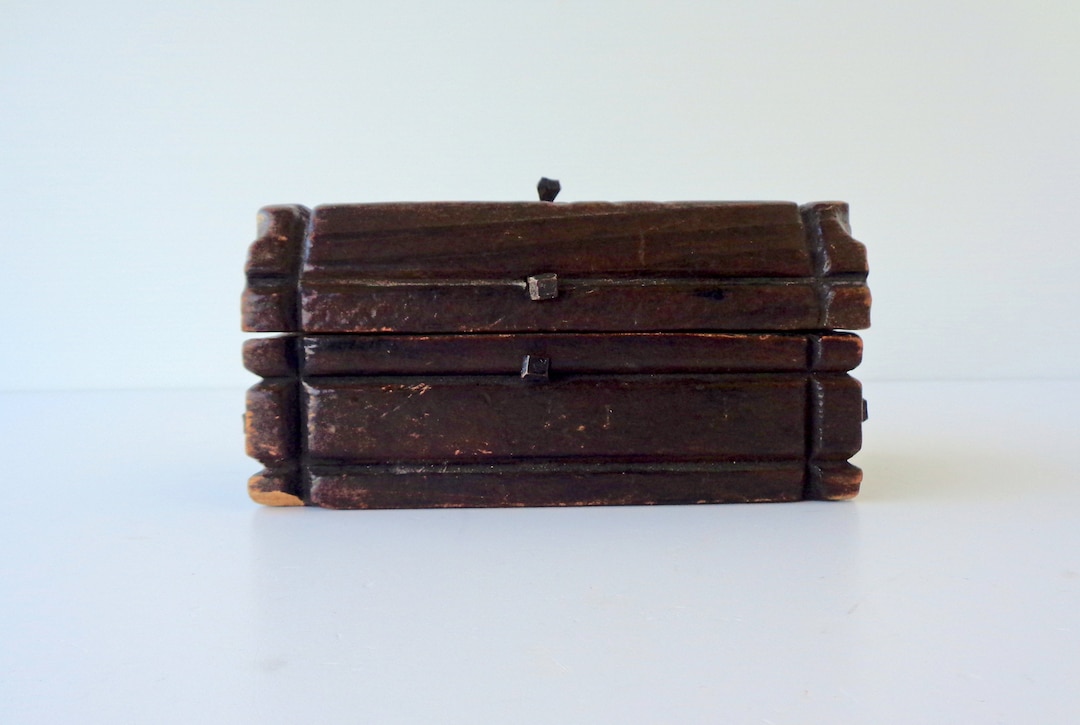Old Wooden and Wrought Iron Jewelry Box, With the Shape of an Antique Chest, Vintage Italy