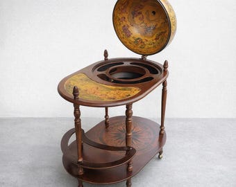 Vintage Globe Bar Cart with Wooden Stand – Antique Style Drinks Cabinet – Home Bar Furniture