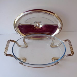 plat de service en verre avec couvercle argenté et structure porteuse argentée longueur avec poignées 43 cm largeur 26 cm image 10