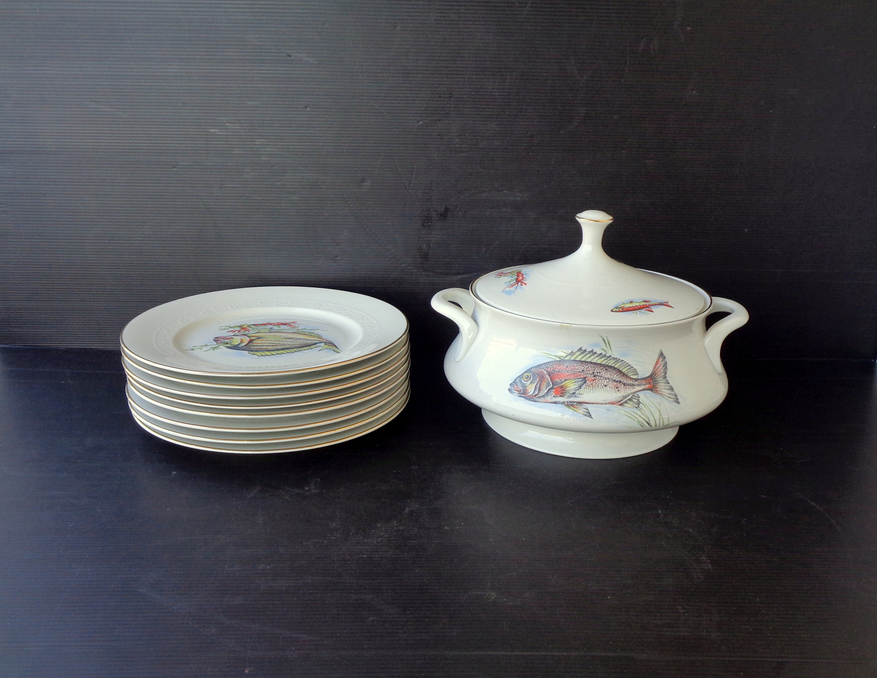 Buy Complete Tureen and Eight Fish Plates Tognana Brand Made in