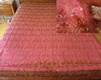 Vintage Italy Mid Century Bordeaux and gold colors Bedspread, vintage Damask Satin Silk Side fringed Bedspread