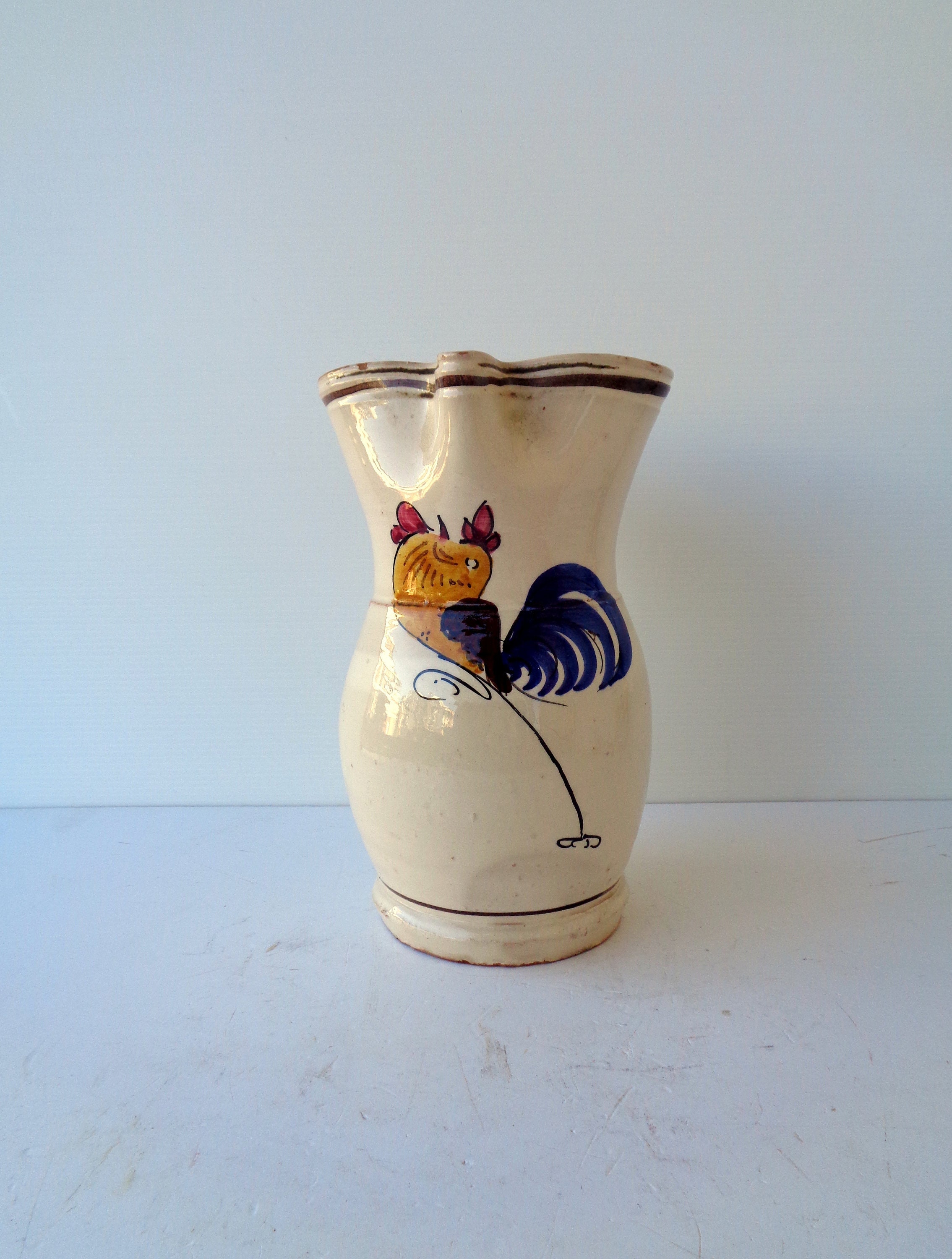 handmade Italian majolica glazed earthenware jug for wine or water Rustic terracotta decorations hand-painted rooster jug Old pitcher