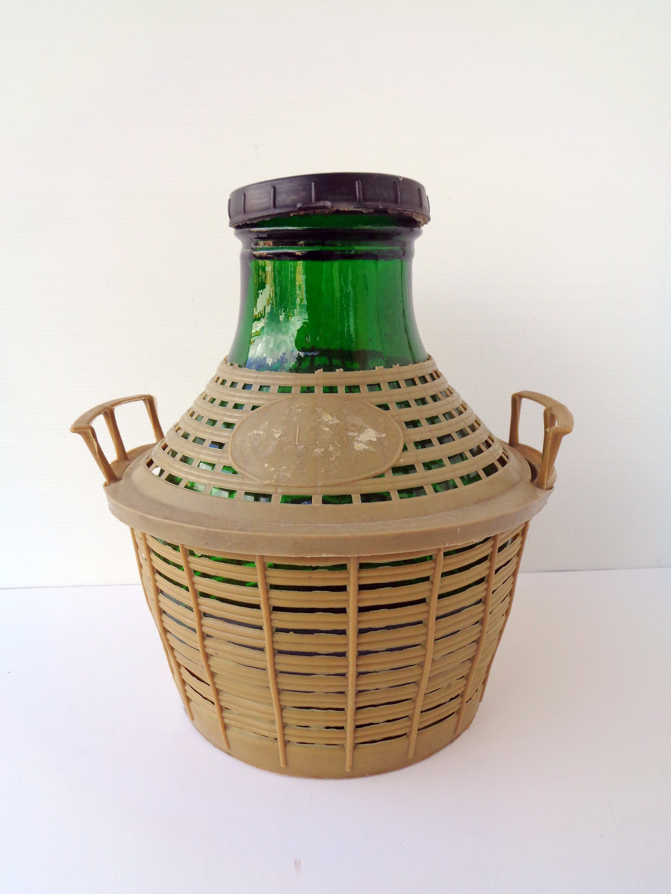 Vintage Italian Large Green Glass Wine Bottle 5l Big Oil Jug Farmhouse  Decor, Great Condition Vintage Demijohn, Plastic Holder With Handles 