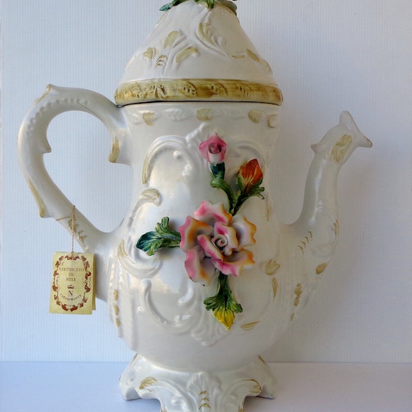 Vieux pichet en céramique Capodimonte, fait à la main, avec certificat d’authenticité, vintage Italie des années 1940, comme neuf conditions, hauteur 45cm, poids 2.2kg