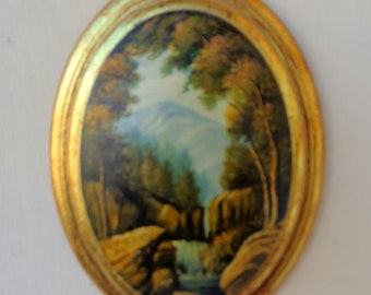 Cuadro antiguo ovalado, marco de pan de oro, pintado al óleo, con imagen convexa, Vintage Italia