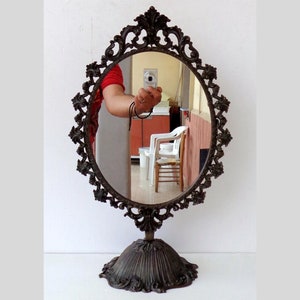 French Bronze Rococo Style, Antique  tilting Table Mirror Floral and Rocialle Detail antique desk mirror from the early 20th century