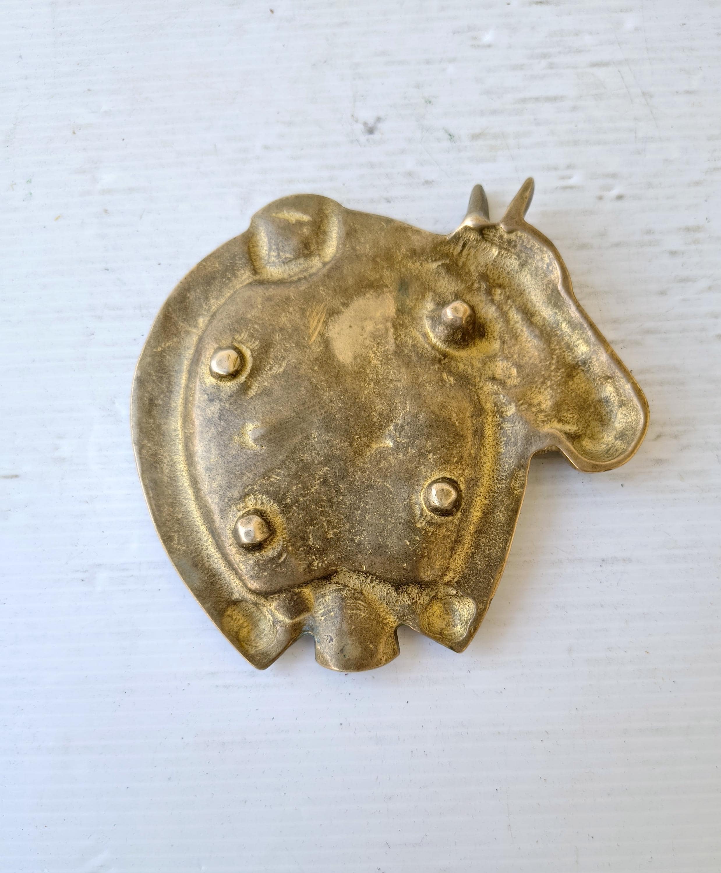 Vintage Ashtray, Solid Brass, Horseshoe-shaped, With Horse's Head