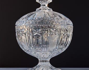 Hand Cut Crystal Candy Dish with Lid, Large Vintage Crystal Bowl on Pedestal, Decorative Crystal Container, Elegant Home Decor