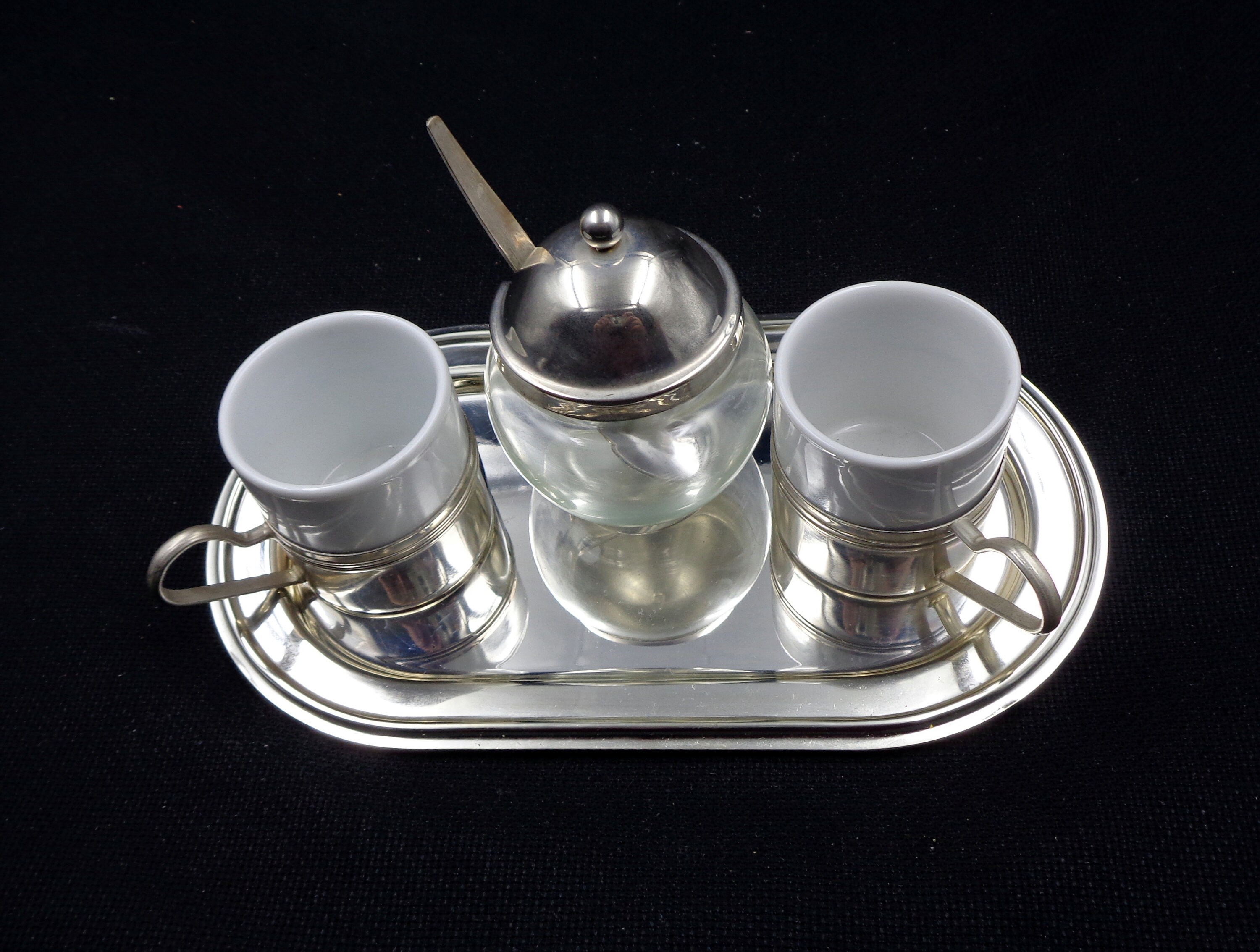 Coffee service for two, with tray, in metal, and sugar bowl Vintage Italy 80s,