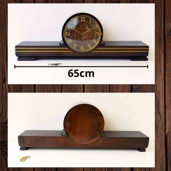 antique table clock, of German origin, wooden, manual winding, working, with hammer sounds, played every hour and every 15 minutes, like New