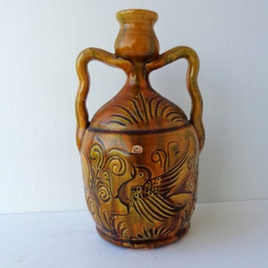 Old pitcher, hand-painted rooster jug, handmade Italian majolica glazed earthenware jug for wine or water Rustic terracotta decorations