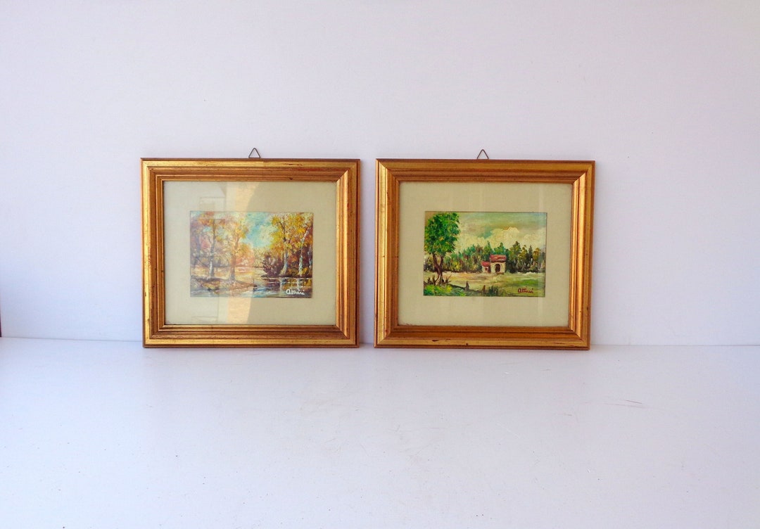 2 Vintage Italy Oil Paintings , countryside Landscape Framed in a