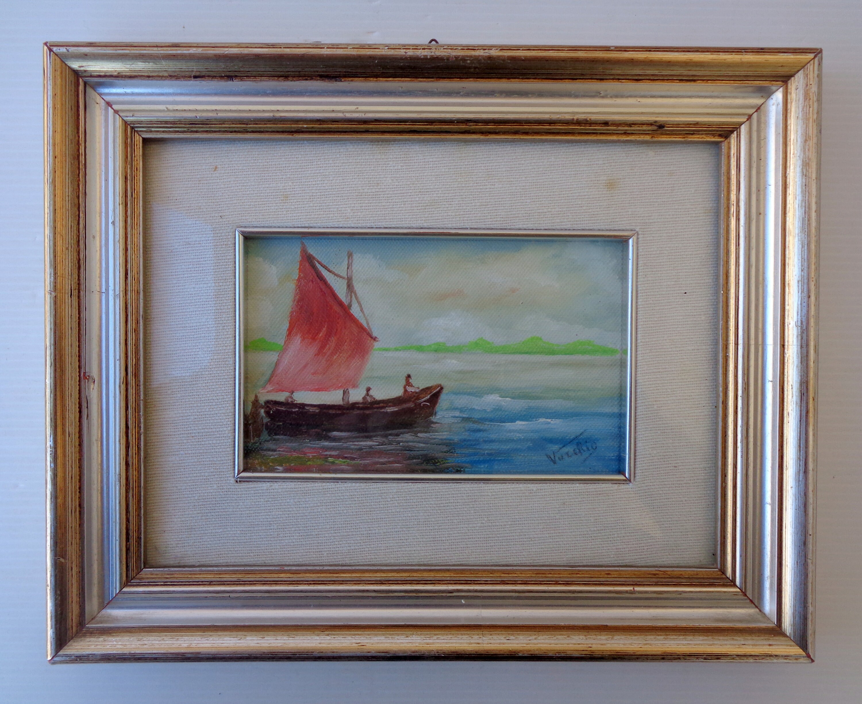 ヴィンテージイタリアのキャンバス油絵、美しい木製フレーム入り