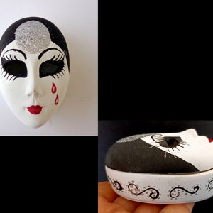 boîte à bijoux en céramique vintage avec le couvercle masque vénitien, boîte à bijoux noir / blanc, boîte à bagues italienne, souvenir du Nouvel An 1992, taille 8x6cm image 1
