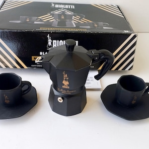 3 cups, Bialetti coffee maker, black star, limited edition, with 2 porcelain cups, new, never used, in its original packaging