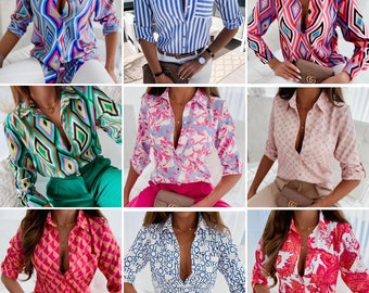 Geometric Printed Long Sleeved Top-Buttoned Shirt-Designer Top-Button Down Shirt-Womens Top-Casual Top-Minimalist Women Blouse-Modern Top