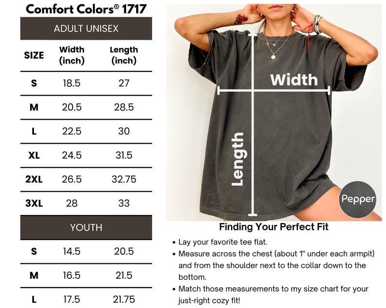 The image is a size chart for a t-shirt, showing the measurements for different age groups, from youth to adult.