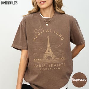 A woman wearing a brown t-shirt with a graphic design of the Eiffel Tower and text that says "Magical Land Paris, France Disneyland" printed on it.