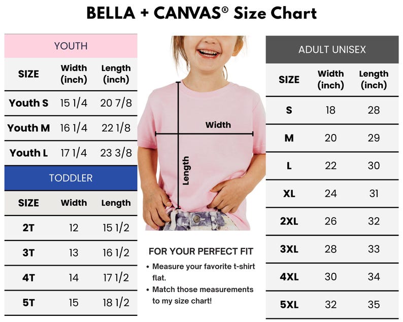 The image is a size chart for a clothing item, specifically a t-shirt, for different age groups: youth, toddler, and adult unisex. The chart provides measurements for each age group, including widths and lengths, and indicates the corresponding t-shirt size.