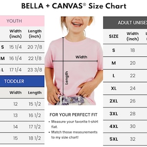 The image is a size chart for a clothing item, specifically a t-shirt, for different age groups: youth, toddler, and adult unisex. The chart provides measurements for each age group, including widths and lengths, and indicates the corresponding t-shirt size.