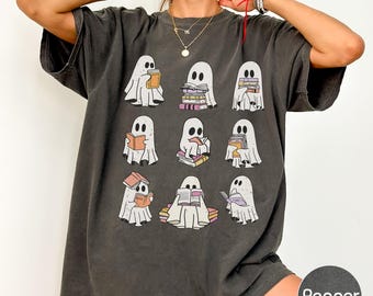 Ghost Reading Book Comfort Colors Shirt, Girly Bookish Halloween Teacher Librarian Fall Tee