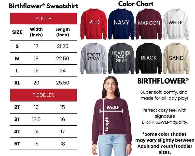 The image is a color chart for a "Birthflower Sweatshirt" designed for both youth and toddler sizes. It includes various color options and corresponding measurements for each size. The chart also includes a "TODDLER" section with measurements for a toddler. The image is a collage of multiple images, and the text is concise and avoids redundancy. The color chart provides a visual guide for selecting the appropriate size and color for the "Birthflower" sweatshirt.