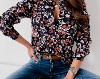 Women Shirt-Flower Printed Long Sleeved Pocket Detailed Metal Buttoned Women Blouse-Designer Top-Button Down Shirt-Fancy Women Blouse