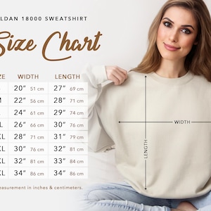 The image is a size chart for a GILDA 1800 sweatshirt, showing the measurements for different sizes from S to L. The chart includes a woman posing with the sweatshirt, indicating the measurements for each size.