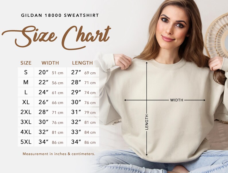 The image is a size chart for a GILDA 1800 sweatshirt, showing the measurements for different sizes from S to L. The chart includes a woman posing with the sweatshirt, indicating the measurements for each size.