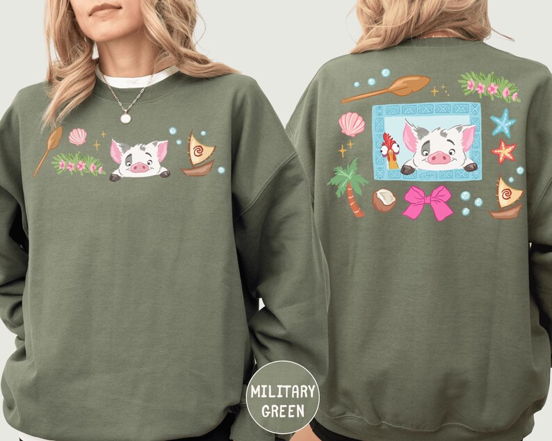 two different views of a green sweatshirt with a cartoon pig design on the front and back.