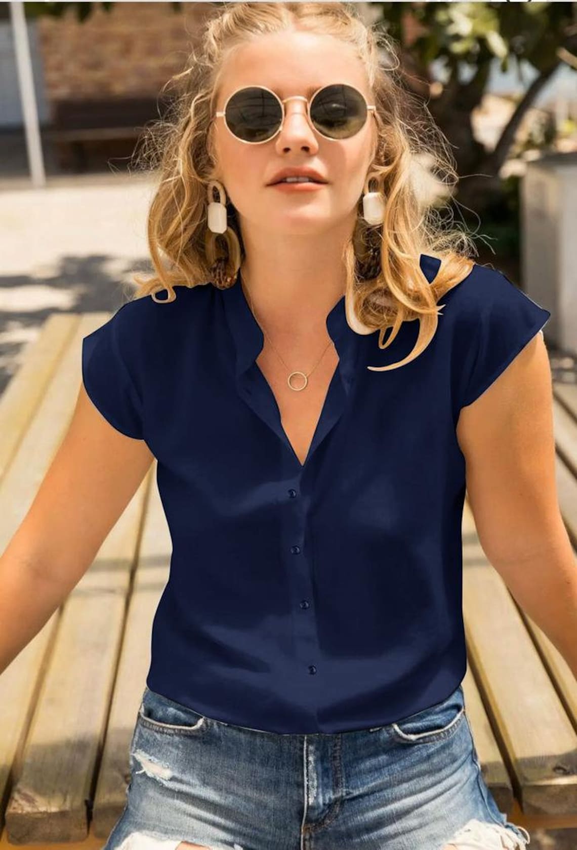 Navy Short Sleeved Top BlouseButtoned ShirtDesigner Women Etsy