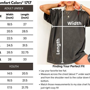The image is a size chart for a t-shirt, showing the measurements for different age groups, from youth to adult.