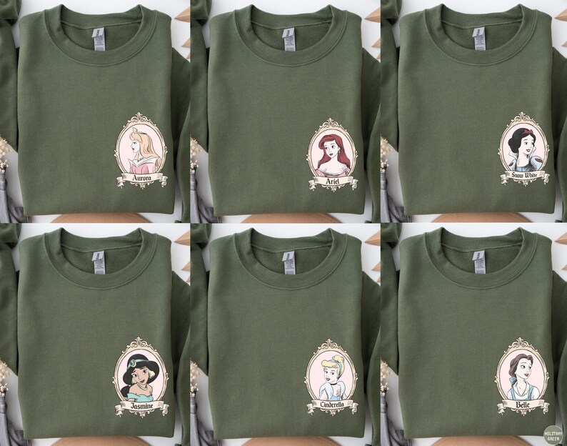 The image is a collage of six green t-shirts, each featuring a different Disney princess. The t-shirts are arranged in a grid pattern, with each shirt displaying a different Disney princess.