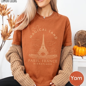 A woman wearing a brown sweater and a t-shirt with a graphic of the Eiffel Tower and text that says "Magical Land Paris, France Disneyland" is sitting in front of a plant and a pumpkin.