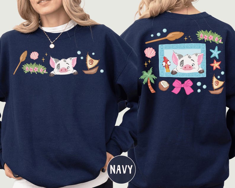 Navy sweatshirt with a cartoon pig design and various colorful elements on the back.