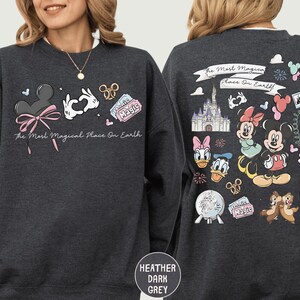 a gray sweatshirt with various Disney characters and Disney-themed graphics on the back.