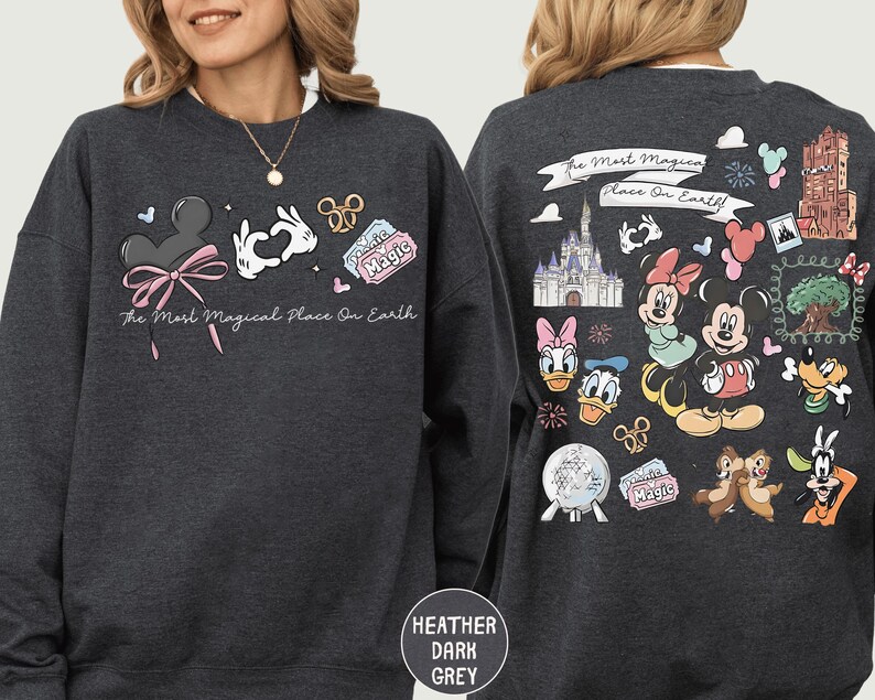a gray sweatshirt with various Disney characters and Disney-themed graphics on the back.