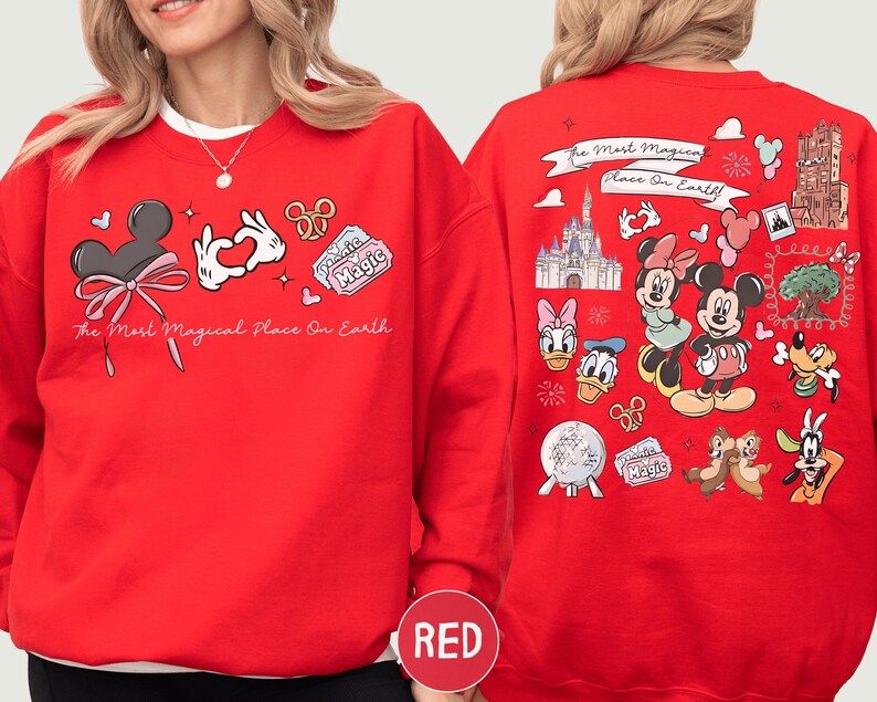 A red sweatshirt with various Disney characters and Disney-themed graphics printed on it.