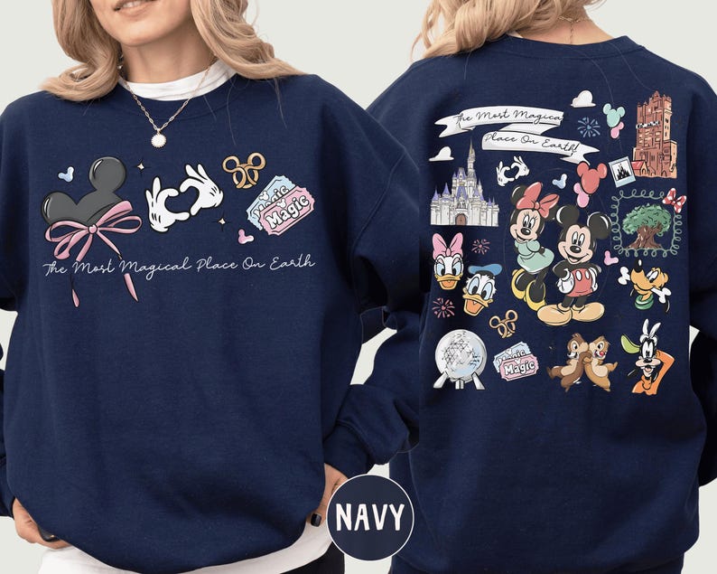 A navy blue sweatshirt with various Disney characters and Disney-themed graphics printed on it.