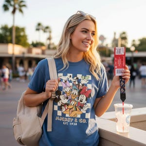 A smiling woman wearing a Mickey Mouse t-shirt and holding a drink stands in front of a Disney theme park.