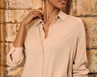 Minimalist Top-Long Sleeved Top-Buttoned Shirt-Designer Women Top-Button Down Shirt-Womens Top-Casual Top-Minimalist Women Blouse-Modern Top