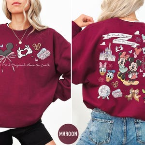 The image is a collage of two photos featuring a woman wearing a burgundy sweatshirt with Disney characters and Disney-themed graphics.