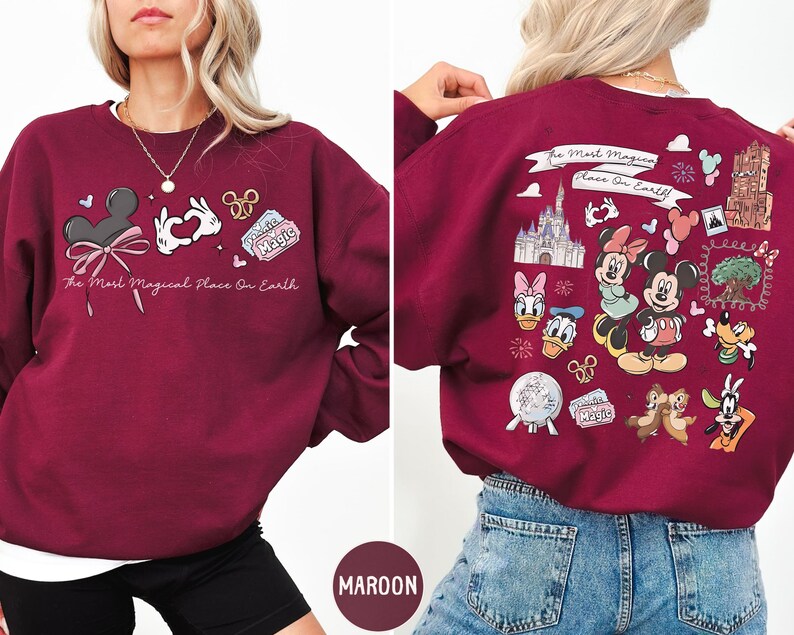 The image is a collage of two photos featuring a woman wearing a burgundy sweatshirt with Disney characters and Disney-themed graphics.