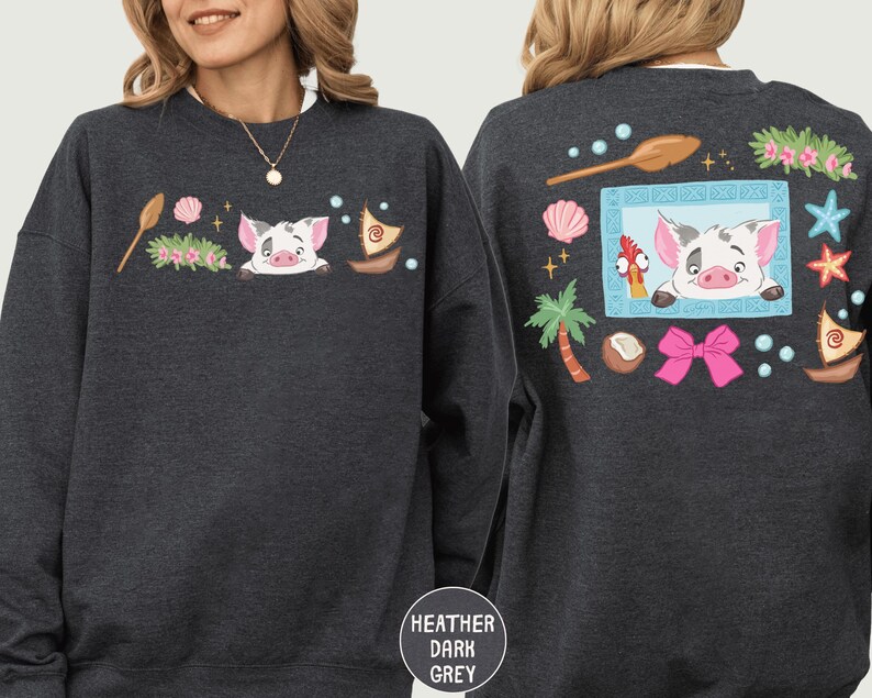 two different views of a gray sweatshirt with a cartoon pig design on the front and back.