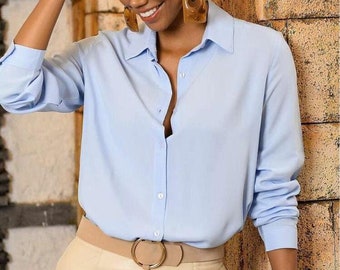 Minimalist Top-Long Sleeved Top-Buttoned Shirt-Designer Women Top-Button Down Shirt-Womens Top-Casual Top-Minimalist Women Blouse-Modern Top