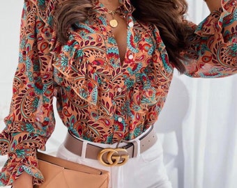 Paisley Printed Long Sleeved Button Up Sheer Chiffon Blouse With Liner-Designer Top-Button Down Shirt-Womens Top-Fancy Top-Modern Top