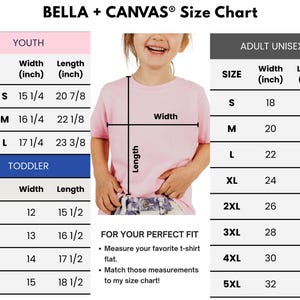 The image is a size chart for a clothing item, specifically a t-shirt, for different age groups: youth, toddler, and adult unisex. The chart provides measurements for each age group, including widths and lengths, and indicates the corresponding t-shirt size.