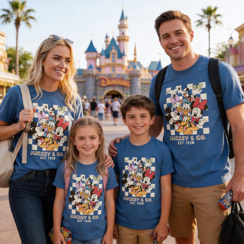 A family of four, consisting of two adults and two children, posing together in front of a Disney castle. They are all wearing matching Mickey Mouse t-shirts.